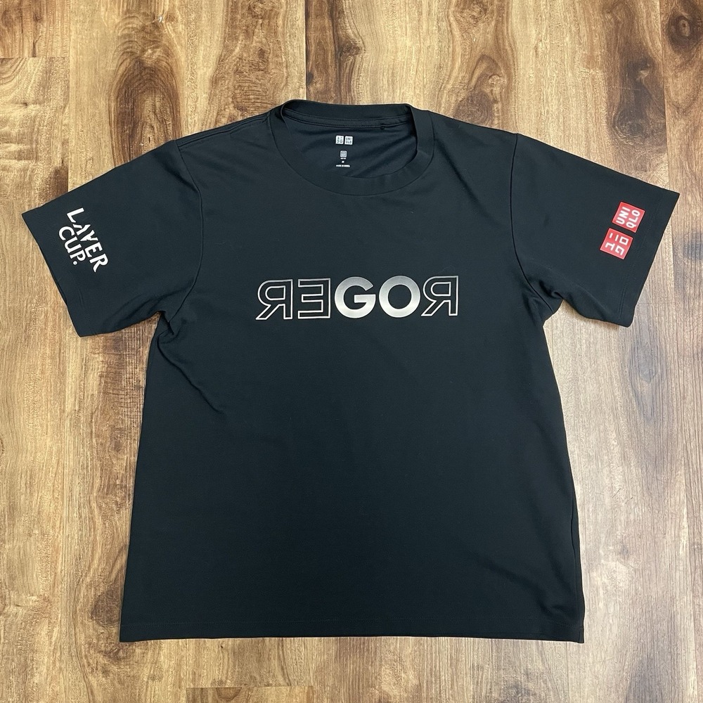 Uniqlo Roger Federer Graphic Regor Layer Club Black 100% Cotton T-Shirt Size M